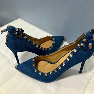 Size 10, denim heels with gold rhinestones.